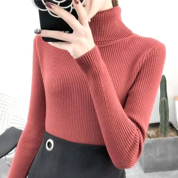 BRICK RED COLOR ONE SIZE FITS ALL FINE RIBBING LIGHTWEIGHT TURTLENECK SWATER - Picture 1 of 1